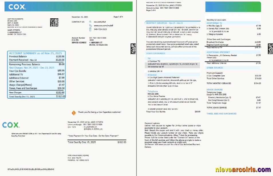 USA Cox utility bill, 4 pages, 1-2 pages